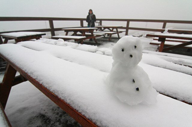 <p>
	Auf dem Brocken in Sachsen-Anhalt sind in der Nacht zum Mittwoch drei Zentimeter Schnee gefallen. Genug, um einen kleinen Schneemann zu bauen.</p>
