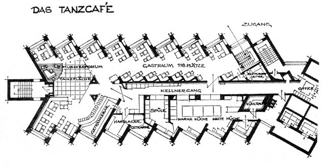 <p>
	In dem Tanzcafés gab es Platz für 118 Gäste. Ein Grundriss zeigt die verwinkelte Struktur des Panoramacafés.</p>
<p>
	.</p>
