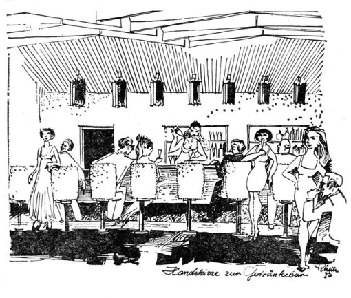 <p>
	Neben der Tanzfläche entstand eine Bar mit zehn Hockern. Hier eine alte Handskizze der Getränkebar.</p>
