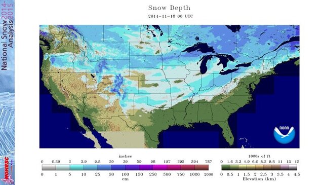 <p>
	Eine vom National Operational Hydrologic Remote Sensing Center der USA&nbsp; veröffentlichte Karte zeigt die Schneetiefen vom Vortag nach dem Wintereinbruch in den USA. Mehr als die Hälfte der Fläche des Landes ist mit Schnee bedeckt.</p>
