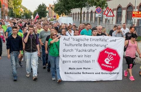 <p>
	Am frühen Abend hatten zunächst mehrere hundert Menschen friedlich gegen die Aufnahme von Asylbewerbern in Heidenau demonstriert</p>
