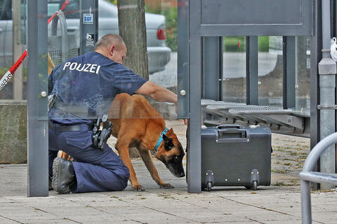 <p>Ein Polizeispürhund ist im Einsatz.</p>
