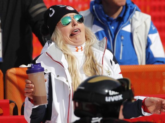 <b>Ulknudel</b><br/>US-Skiläuferin Lindsey Vonn verzieht beim Abfahrtstraining im Jeongseon Alpin-Zentrum das Gesicht. Foto: Christophe Ena<br/>19.02.2018 (dpa)