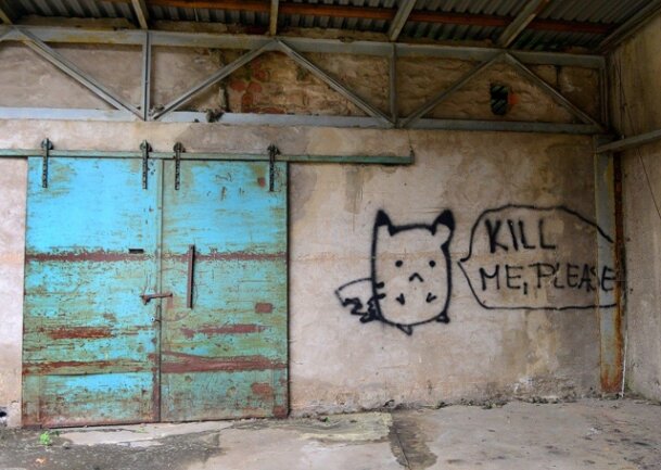 <p>Graffitti finden sich an vielen Stellen in dem verlassenen Gebäude.</p>
