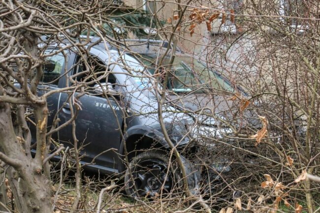 <p>Der Dacia durchbrach eine Hecke und wurde zwischen einem Baum und einer Hauswand eingeklemmt.</p>
