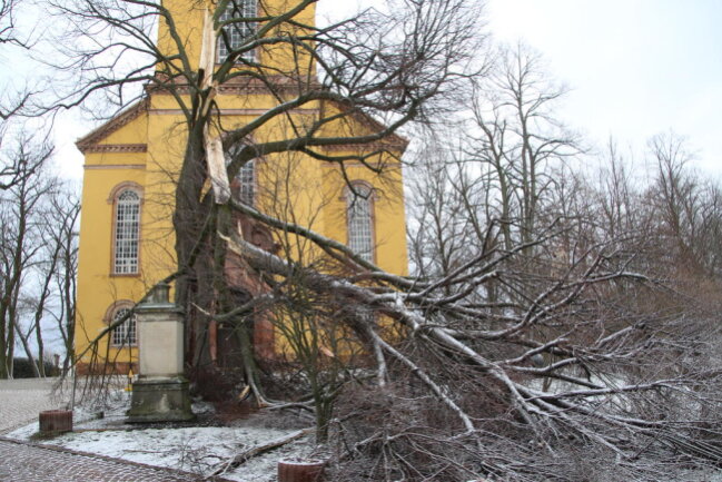 <p>Durch den heftigen Sturm in der Nacht zu Montag brachen Äste aus einer alten Linde vor der Lutherischen Kirche St. Petri in Augustusburg heraus. Das Kriegerdenkmal unterhalb der Linde wurde dabei beschädigt.</p>
