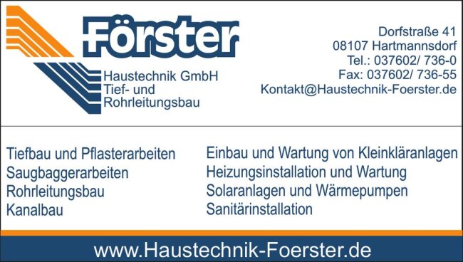 <p><a href="http://www.haustechnik-foerster.de">Förster Haustechnik</a> - Alles aus einer Hand! Ihr Spezialist für Haustechnik, Tief- und Rohrleitungsbau, Kanalarbeiten uvm.</p>
