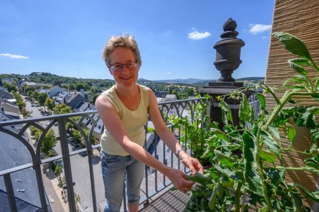 <p>Türmerin Marit Melzer genießt es, auf der schönsten Terrasse der Bergstadt ihren Arbeitsplatz zu haben. 1999 zog Marit Melzer mit ihrer dreiköpfigen Familie in die gerade sanierte Wohnung oben im Kirchturm.</p>

