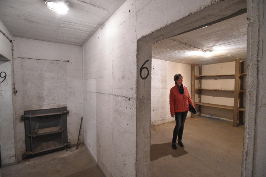 <p><span style="color:#1f497d">Objektbetreuerin Anke Förster von der GGG in einem der Räume, in dem ein Holzregal steht. Links ist eine Verbindungsluke zu sehen.</span></p>
