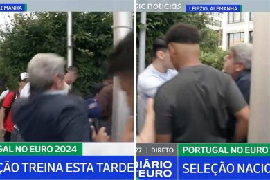 Erst tritt SIC-Reporter Nuno Pereira nach dem Störer, dann gibt es ein Gerangel. Der Journalist sei dann gegen einen Fahnenmast geschubst worden, soll sich dort die Schulter ausgekugelt haben.