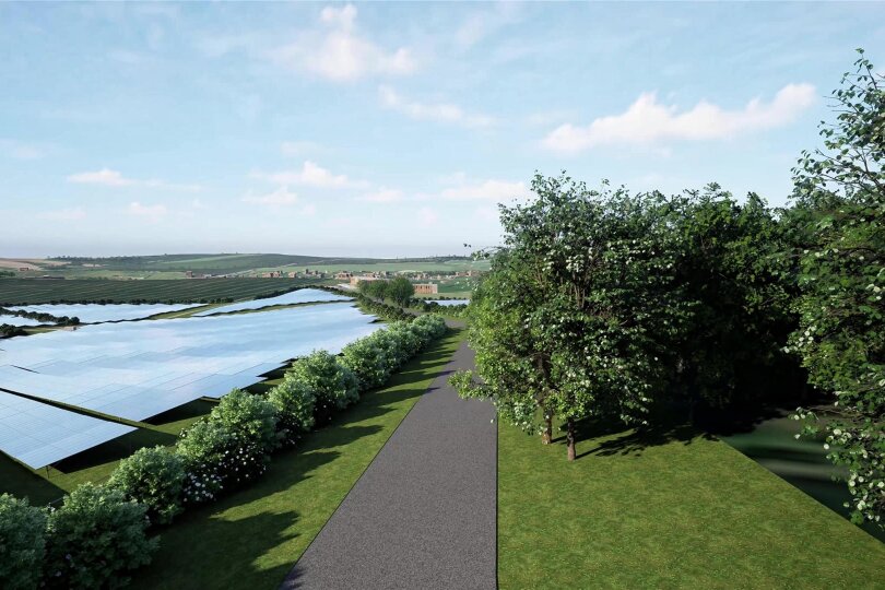 So könnte sich der geplante Solarpark in die Landschaft von Mittelsaida einschmiegen. Für die Einwohnerversammlung hat UKA eine Videovisualisierung abgespielt und gezeigt, wie der Park aus der Luft aussehen könnte.