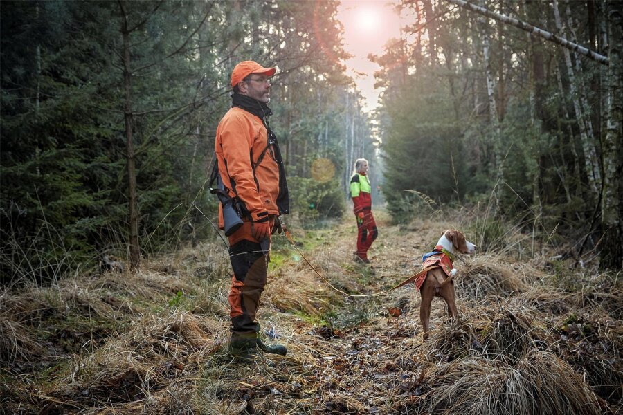20 Drückjagden im Forstbezirk Adorf bis Ende Januar geplant - Hundeführer und Treiber bei einer sogenannten Drückjagd. Für die Jagd auf Rot- und Rehwild läuft die Saison noch bis Ende Januar.