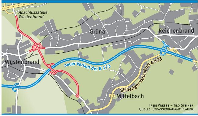 20 Millionen Euro für Zubringer - Die Grafik zeigt den Zubringer (rot) zu der Autobahnanschlussstelle Wüstenbrand und dessen Einbindung in die künftige B 173 (blau).