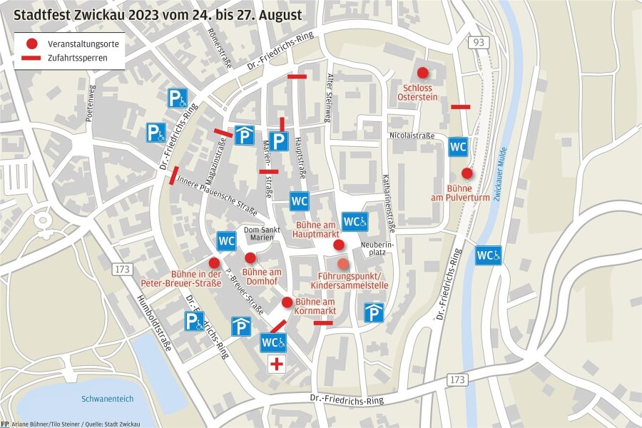 20. Zwickauer Stadtfest: Das müssen Besucher wissen - Bühnen, WCs und Parkplätze zum Zwickauer Stadtfest Zwickau 2023.