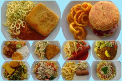 Das Käseschnitzel und der Burger (oben) zählen zu den beliebtesten Gerichten der Zwickauer Mensa-Besucher. Aber auch Backcamembert, Hähnchenfilet, Currywurst und Schweineschnitzel (Mitte) sind in den Top 10 vertreten.