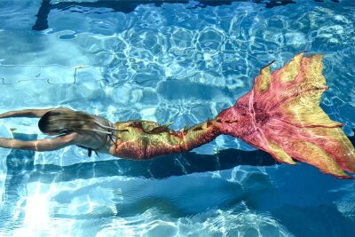 Die Deutsche Meisterin im Meerjungfrauenschwimmen, Jessica Paff, zeigte beim Badfest in Neukirchen ihr Können. 25 Frauen und Mädchen ahmten ihr im Meerjungfrauenkostüm nach.