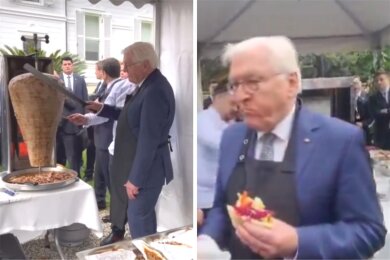 Bundespräsident Frank-Walter Steinmeier (68, SPD) in der Türkei. Erst schnitt er mühsam Fleisch vom Dönerspieß, anschließend ließ er es sich schmecken. (Montage)