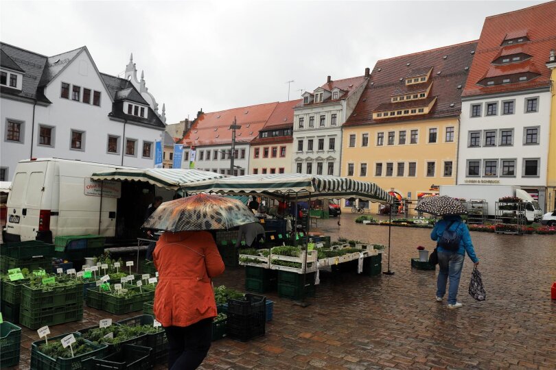 Am Donnerstagmittag regnete es in Freiberg schon so stark, dass kaum noch Kunden den Wochenmarkt auf dem Obermarkt besuchten.