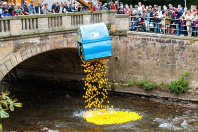 30.000 Euro: Erlös von Entenrennen vor Chemcats-Spiel übergeben - 7500 Gummi-Enten platschten am 27. August beim Seeberplatzfest ins Wasser und schwammen um die Wette.
