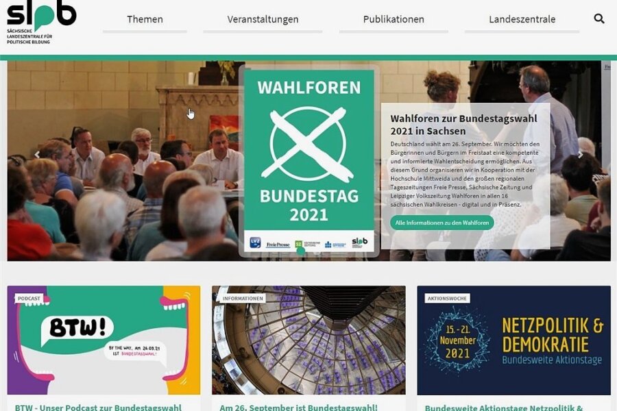 Auf ihrer Internetseite hat die Sächsische Landeszentrale für politische Bildung ein Infopaket rund um die Bundestagswahl geschnürt. Bildschirmfoto: FP