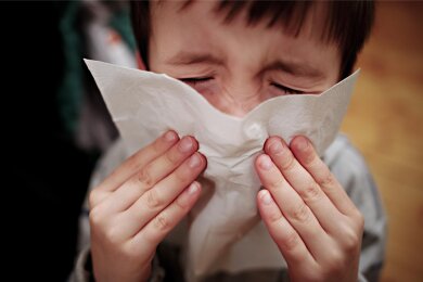Ein Junge hält sich ein Taschentuch an die Nase. Die Grippewelle ist in Mittelsachsen nun vorbei.