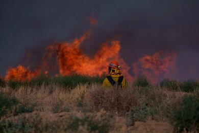 Ein Feuerwehrmann steht vor lodernden Flammen in der Nähe von Los Angeles. Wegen eines Waldbrandes in Kalifornien mussten rund 1200 Menschen aus der betroffenen Region fliehen.