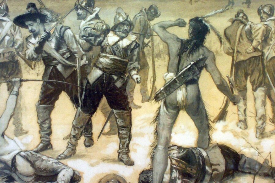 Die britischen Siedler verloren nach dem Einzug in die Neue Welt schnell ihre Unschuld gegenüber den Einheimischen: Der Pequot-Krieg 1636, hier eine Darstellung aus dem 19. Jahrhundert, gilt als erste bewaffnete Auseinandersetzung der Europäer mit den amerikanischen Ureinwohnern. 