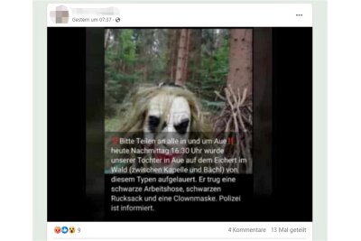 Eine Person mit Clownmaske hat diese Woche in Aue für Aufsehen gesorgt. In den sozialen Netzwerken kursierte dazu dieser Beitrag.