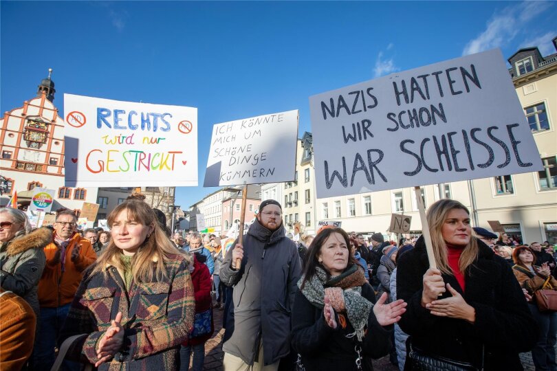Demonstration auf dem Altmarkt in Plauen gegen Rechts (Ende Januar): „Was bedeutet Demokratie?“