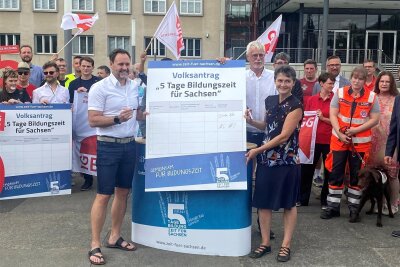 Das Bündnis beim Start der Unterschriftenaktion am 25. August vor dem Landtag mit den Erstunterzeichnern und Vertrauenspersonen DGB-Landesvize Daniela Kolbe (vorn rechts) und LSB-Geschäftsführer Christian Dahms (vorn links).