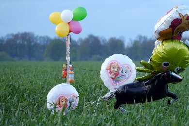 Ballons und Süßigkeiten stehen auf einem Feld bei Bremervörde. Von einem vermissten sechs Jahre alten Jungen aus dem niedersächsischen Bremervörde fehlt noch immer jede Spur.