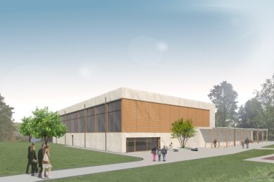 Die neue Sporthalle im Modell: Es ist das Herzstück des elf Millionen Euro teuren, künftigen Schulcampus Leukersdorf . Wann alles fertig ist, ist offen.