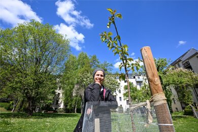Elžběta Laabs auf der Streuobstwiese an der Further Straße. Dort konnte sie auch drei neue Bäume pflanzen.