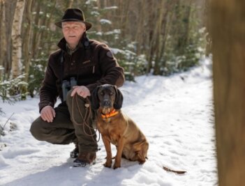Die ersten Erkundungstouren in seinem künftigen Revier in Sehma hat Roger Grunert noch bei winterlichen Bedingungen unternommen. Dabei stets an seiner Seite: sein Jagdhund Levi - ein Bayerischer Gebirgsschweißhund. Diese sind speziell ausgebildet für die Nachsuche bei der Jagd.