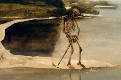 "Der Tod am Wasser" (Der pinkelnde Tod) von Max Klinger (1857 bis 1920). Das 1881 entstandene Bild wird vom Museum der Bildenden Künste in Leipzig aufbewahrt. Der Tod ist in dieser Darstellung nicht der lebensbedrohende Begleiter des Lebens. Als eher einsamer Geselle muss er einer menschlichen Notdurft gehorchen. 
