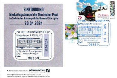 Am Samstag können Philatelisten und Sammler von Heimatbelegen diesen Ersttagsbrief zur Einführung des Marketingstempels im Sächsischen Schmalspurbahn-Museum Rittersgrün erstmals erwerben.