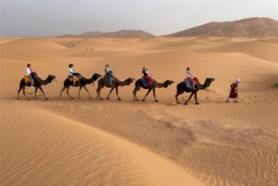 Abenteuer im Herzen der Sahara - Marokko freut sich wieder über Touristen - Flatsch-flatsch, ansonsten herrscht wohltuende Stille: Dromedarritt durch die Sahara.