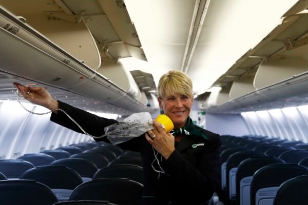  Und hier der Sauerstoff für alle Fälle: Flugbegleiterin Evelyn Rabenhorst an Bord der Germania-Boeing von Dresden nach Mallorca. 