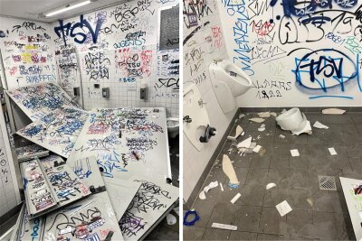 „Abschaum“, „Asoziales Pack“: So wüten die FSV-Fans nach der Randale der Lok-Anhänger - Blick auf die am Samstag durch Lok-Anhänger demolierte Herrentoilette in der Zwickauer GGZ-Arena.