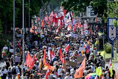 AfD-Führungsduo bleibt - Weidel will "Hippie-Wahn" beenden - Ein Demonstrationszug gegen den AfD-Bundesparteitag zieht zur Grugahalle.