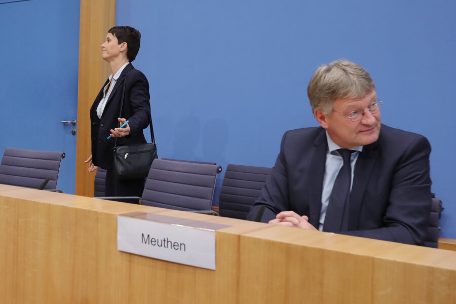 AfD vor Spaltung - Petry will Bundestagsfraktion nicht angehören - Frauke Petry verlässt die Bundespressekonferenz, während Jörg Meuthen in die andere Richtung schaut.