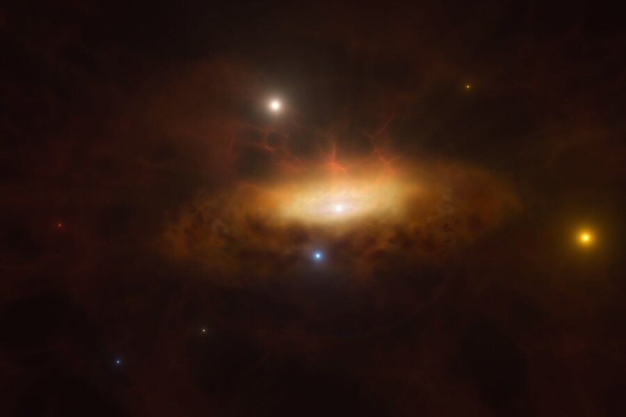 Aktivwerden von Schwarzem Loch beobachtet? - Künstlerische Darstellung: Die Galaxie SDSS1335+0728 leuchtet auf.