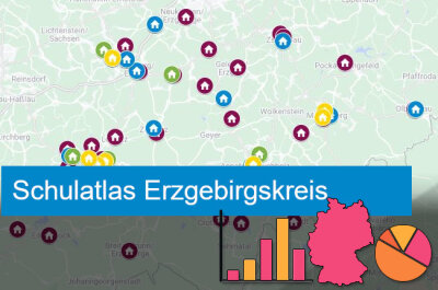 Eine interaktive Karte, die für den Erzgebirgskreis (das Erzgebirge) alle Oberschulen, Berufsschulen, berufsbildenden Schulen, Förderschulen und Gymnasien zeigt, ihre Standorte, Webseiten und Kontaktmöglichkeiten.