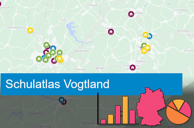 Eine interaktive Karte, die für das Vogtland alle Oberschulen, Berufsschulen, berufsbildenden Schulen, Förderschulen und Gymnasien zeigt, ihre Standorte, Webseiten und Kontaktmöglichkeiten.