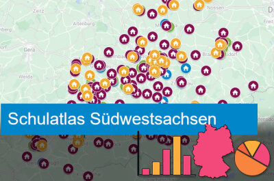 Eine interaktive Karte, die für Südwestsachsen und den früheren Regierungsbezirk Chemnitz alle Oberschulen, Berufsschulen, berufsbildenden Schulen, Förderschulen und Gymnasien zeigt, ihre Standorte, Webseiten und Kontaktmöglichkeiten.