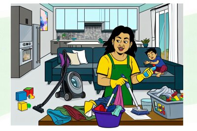 Alltag als Alleinerziehende: „Man lernt zu improvisieren“ - Putzen, Kochen, Wäschewaschen - und bei alledem auch das Kind im Auge behalten.