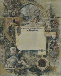 Als ein Mylauer Martin Luther um Ehe-Rat bat - Die von Hermann Vogel gezeichnete Ehrenbürgerurkunde der Stadt Mylau - hier aus der Sammlung von Andreas Raithel - enthält auch ein Bildnis von Joseph Lewin Metzsch (rechts unten). 
