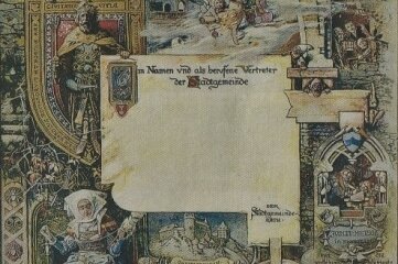 Als ein Mylauer Martin Luther um Ehe-Rat bat - Die von Hermann Vogel gezeichnete Ehrenbürgerurkunde der Stadt Mylau - hier aus der Sammlung von Andreas Raithel - enthält auch ein Bildnis von Joseph Lewin Metzsch (rechts unten). 
