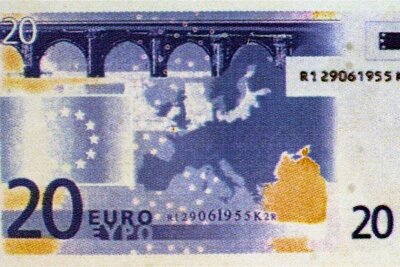 Als es die Göltzschtalbrücke fast auf den 20-Euro-Schein schaffte - Der Entwurf des 20-Euro-Scheins von 1997, der bis in die Endauswahl kam, dann aber verworfen wurde. Auf der Rückseite war die Göltzschtalbrücke in stilisierter Form zu sehen. 