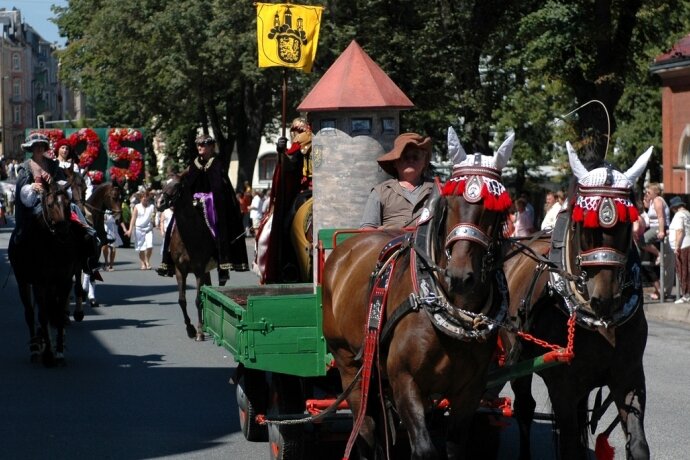 Altmarktfest in Auerbach: Oberbürgermeister verhängt Pferdeverbot - Pferdewagen und Reiter waren unverzichtbar beim großen Festumzug zu Auerbachs 725-Jahr-Feier 2007 (im Bild). Bei der Vorbereitung gab es allerdings auch einen Unfall. Alles Weitere verlief reibungslos.